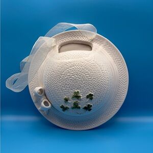 White Ceramic Wall Pocket Hat with Green Clover Design